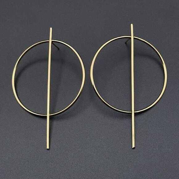 Yellow Gold Minimalistic Geometric Hoop Circle and Bar Post Back Earrings - Picture 2 of 9